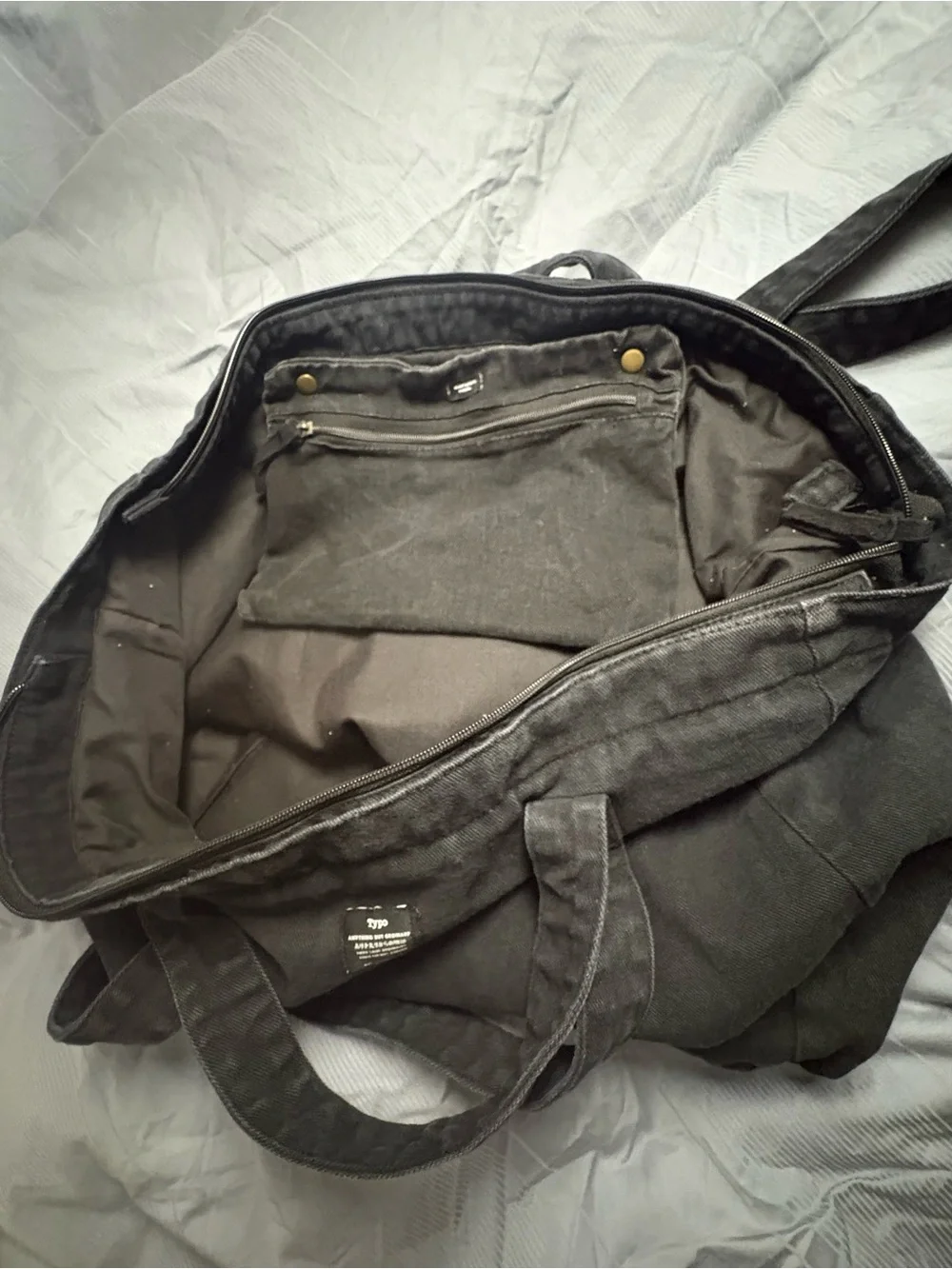 Cotton On Typo Wellness Tote Shoulder Bag Large Black Denim Zipper Pockets NICE